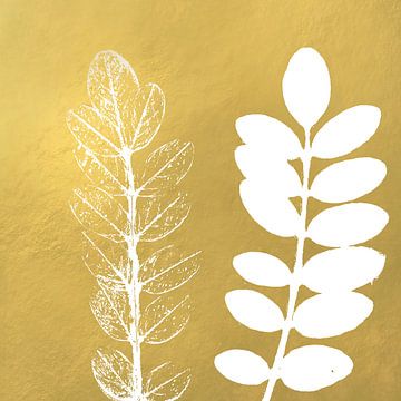 Twee witte takken op gouden achtergrond. Botanische kunst van Dina Dankers