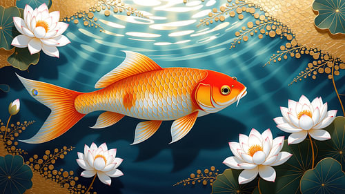 Moderne japanische Kunst: Koi-Karpfen mit Lotusblüten