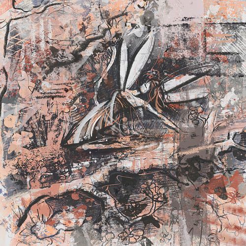 Abstract kunstwerk bos fee in oranje grijs en roestbruin