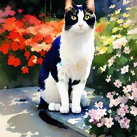 Impressionistisch portret zittende kat in tuin van Maud De Vries