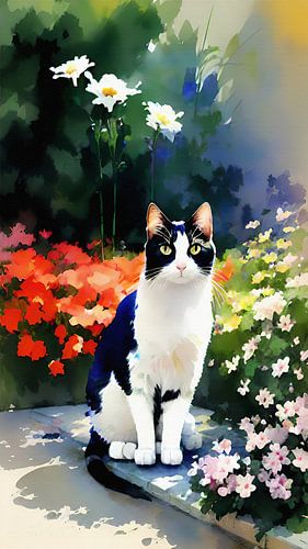 Portrait impressionniste d'un chat assis dans un jardin sur Maud De Vries