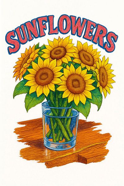 Levendig boeket van zonneschijn: Een realistische kleurpotloodtekening van zonnebloemen in een glazen vaas van Artistic