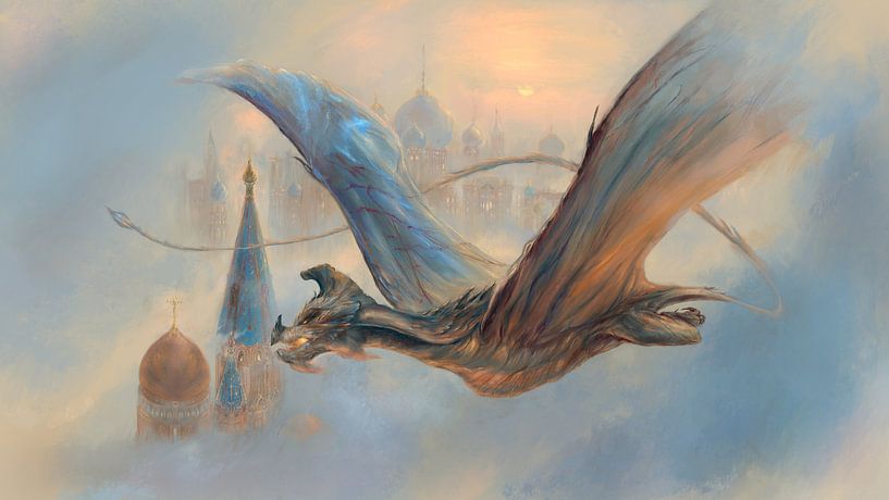 Drache fliegt über der Stadt von Atelier Liesjes