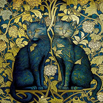 Twee blauwe katten in botanische patroon van Vlindertuin Art