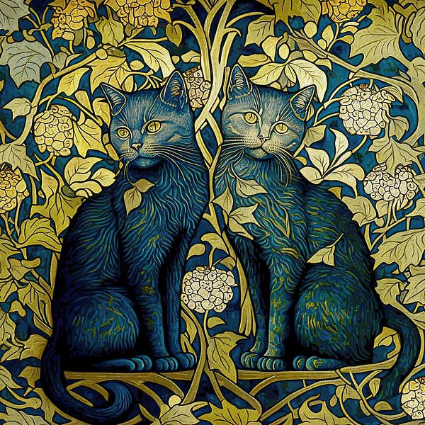 Two blue cats in botanical pattern by Vlindertuin-Art