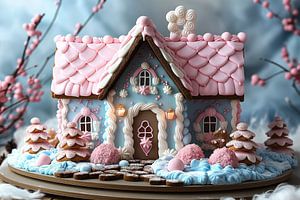 Blaues Pfefferkuchenhaus mit rosa Dach