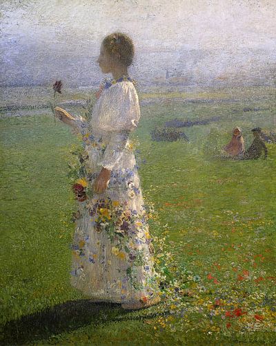 Mooi jong meisje loopt door de velden, een bloem in haar hand, Henri Martin