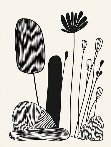 Illustration botanique abstraite en noir et blanc aux formes organiques