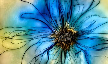 Blauw IV - geel blauw planten lijnen spel - alcohol inkt digitaal van Lily van Riemsdijk - Art Prints with Color