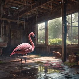 Desolate Dock: Flamingo in the Abandoned Boathouse van Patrick Nijhuis