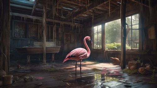 Desolate Dock: Flamingo in the Abandoned Boathouse