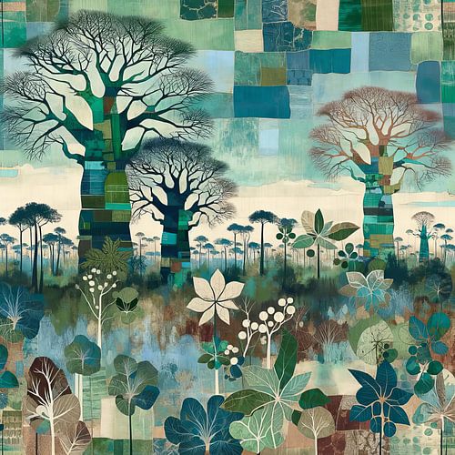 Collage 3 baobabbomen met hibiscusstruiken