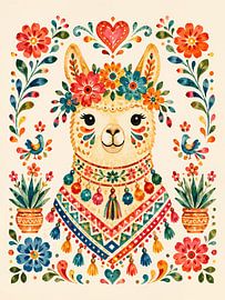 Alpaga de style folklorique scandinave avec des fleurs (AI) (drôle, mignon, mexicain, cœur, coloré)