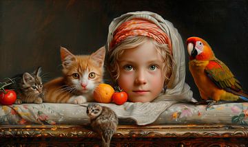 Mädchen mit Vögeln und Katzen von Marlon Paul Bruin