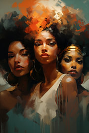 Three African women wearing golden tiaras