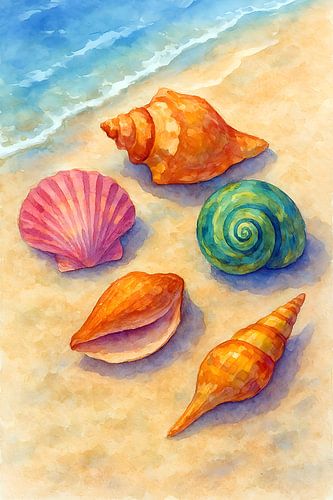 Schelpen aquarelverf schilderij.