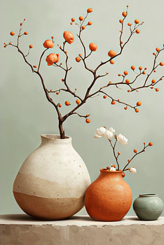 A modern, abstract set of three earthenware vases with blossom branches.