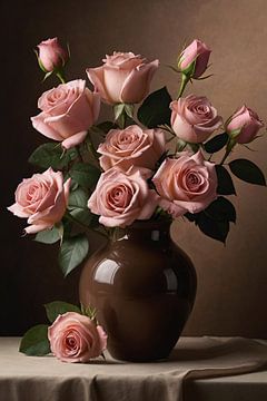 Pink roses in brown vase by De Muurdecoratie