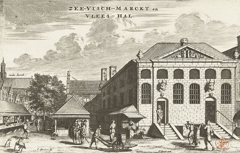 Coenraet Decker, Blick auf den Fischmarkt und die Fleischhalle in Delft, 1678 - 1703 von Atelier Liesjes