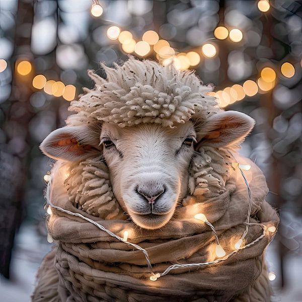 Winters portret van een schaap met lampjes van Vlindertuin-Art