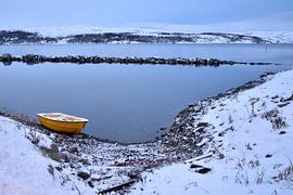 Geel roeibootje in winterlandschap, Noorwegen van Gerda Beekers