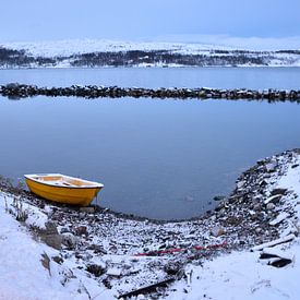 Yellow rowboat in winter landscape, Norway by Gerda Beekers