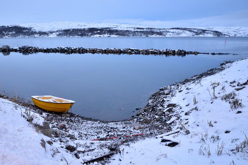 Barque jaune en paysage d'hiver, Norvège par Gerda Beekers