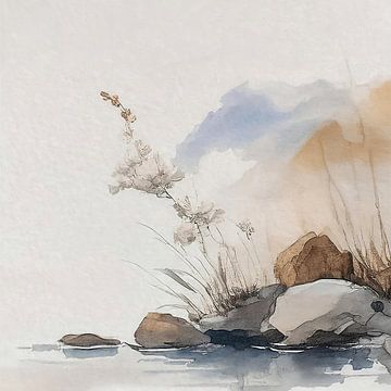 Sereen Japandi aquarel, Japans landschap van Studio Pieternel