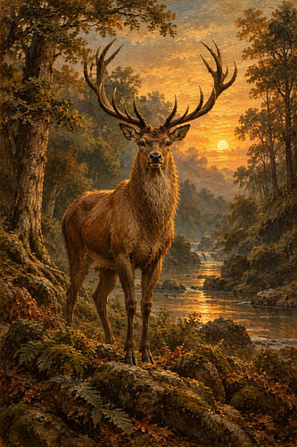 Oil Painting of Majestic Red Deer Stag at Sunfall