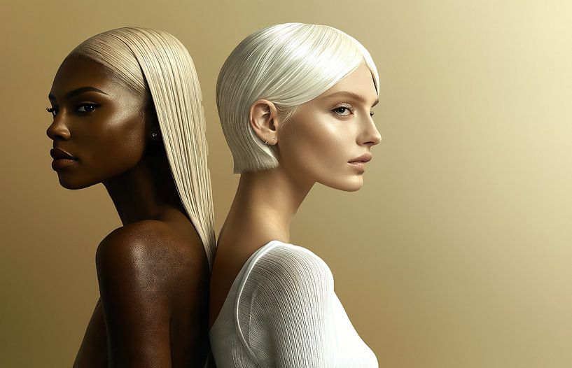 Models mit platinblonden Haaren vor goldenem Hintergrund von Frank Heinz