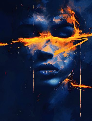 Abstract Donker Portret Muurkunst - Surrealistisch Gezicht met Gloeiende Oranje Strepen