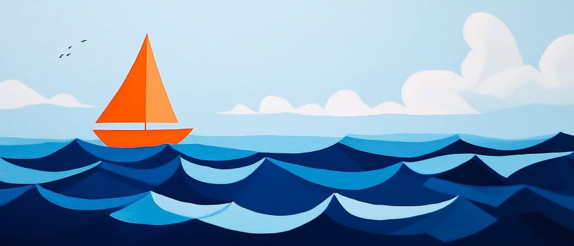 Voilier orange sur une mer bleue par Poster Art Shop