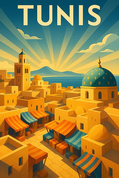 Tunis Art Deco Poster - Dächer der Medina und Marktfarben von Travel Shop