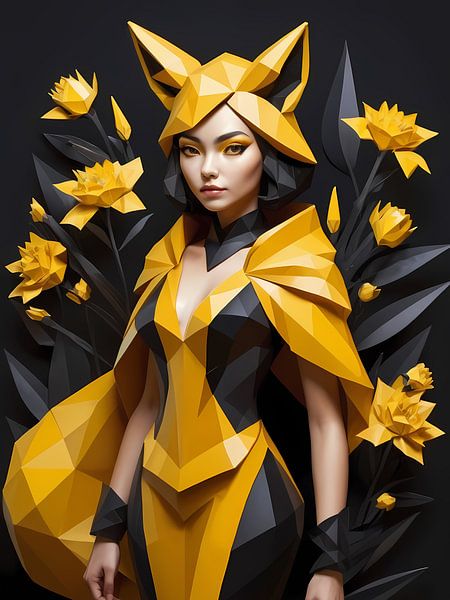 Low poly floral fox girl, black and yellow by 1xMerch
