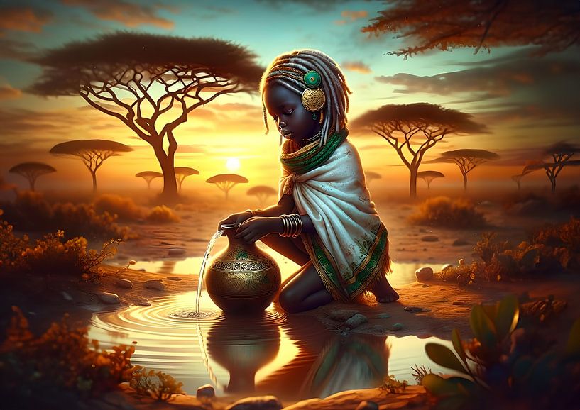 African girl pours water into a calabash by Eye on You