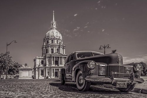 classic old Cadillac in Paris in black and white
