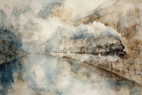 Steam train over river - nostalgic painting