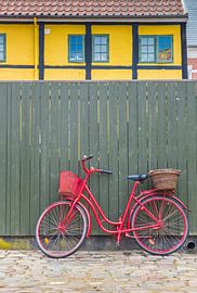 Rode fiets staat voor een groene schutting in Ribe Denemarken van Marc Venema