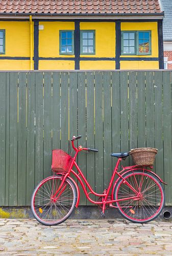 Red bike stands in front of a green fence in Ribe Denmark