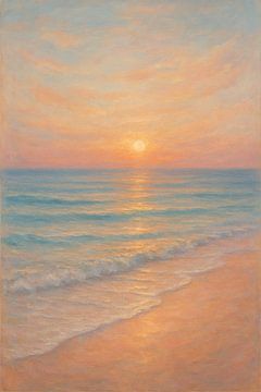 Peinture de la plage, de la mer et du soleil couchant. sur Johannes