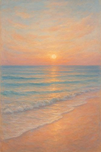 Schilderij van strand, zee en ondergaande zon. van Johannes
