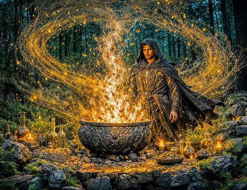 Dynamic Fantasy Wizard with Glowing Magical Cauldron