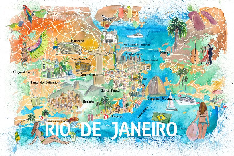 Geïllustreerde plattegrond van Rio de Janeiro met de belangrijkste bezienswaardigheden en hoogtepunt van Markus Bleichner