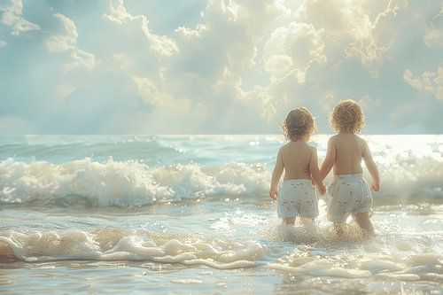 twee kinderen op het strand kijken richting de zee