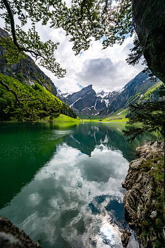 Uitzicht vanaf de Seealpsee naar de Appenzeller Alpen