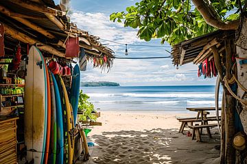 Tropisch Strand met Surfshop en Golven van Art & Soul Creations
