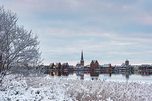 Blick über die Warnow auf die Hansestadt Rostock im Winter