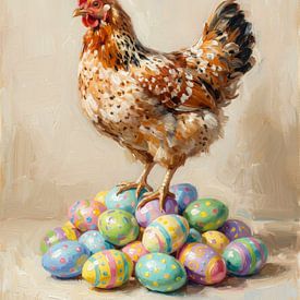 Painting of a colourful chicken on Easter eggs by But First Framing