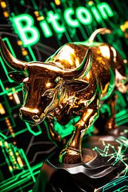 Golden bull with Bitcoin background by Poster Art Shop
