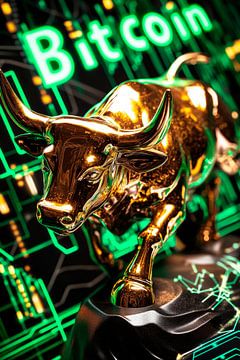 Goldener Bullen mit Bitcoin Hintergrund von Poster Art Shop